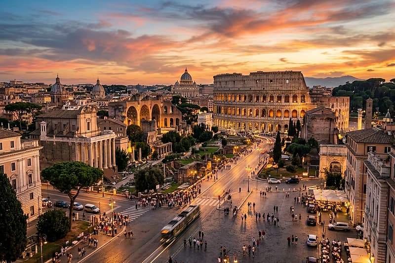 Rome Colosseum bathed in warm golden twilight