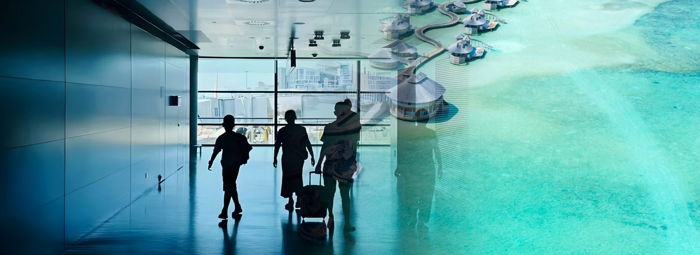 A family with their luggage walking through an airport terminal, the scene dissolving into the turquoise island lagoon they're flying to